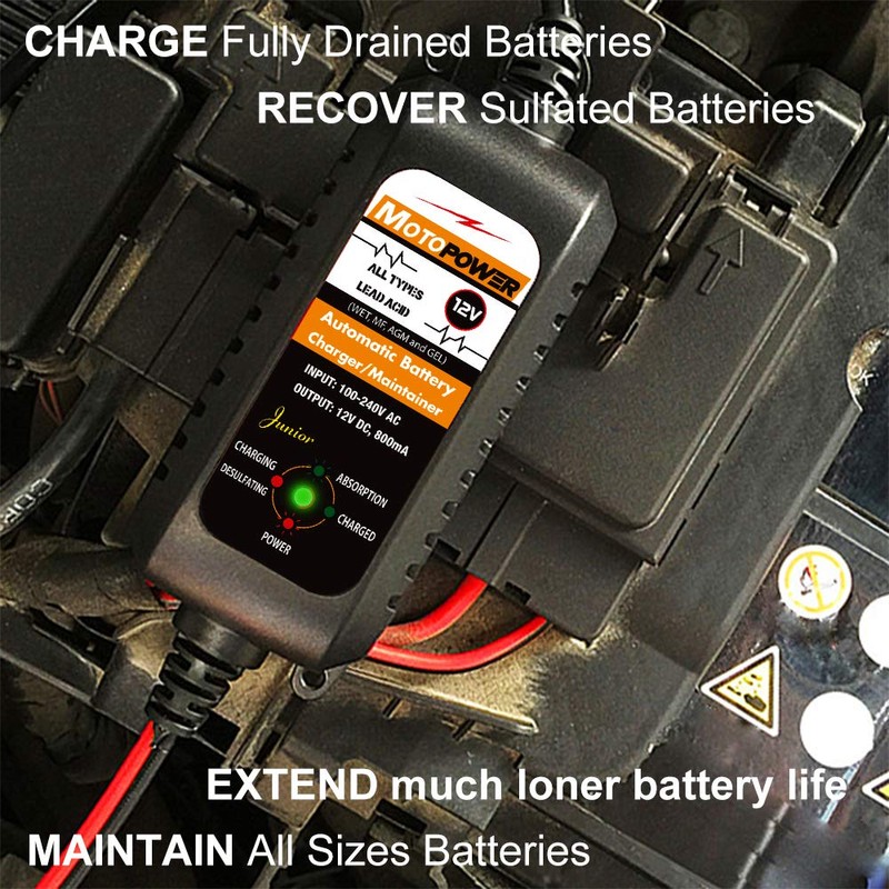 MOTOPOWER MP00205A 12V 800mA Automatic Battery Charger, Maintainer, Trickle and