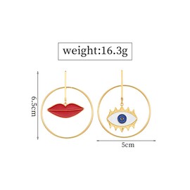 Doubnine Large Hoop Circle Bohemian Earrings Asymmetry Dangle Funny Gold Red Lips Eyes 70's Vintage Women Jewelry