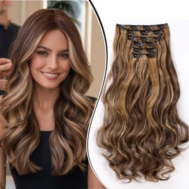 Dcbaboo Clip-In Hair Extensions, Wavy Clip-In Hairpiece, Wavy, 6 Pieces, 55 cm, Synthetic Hair Extensions with Clips, Curly Long Hair Extensions for Women, Medium Brown & Dark Blonde