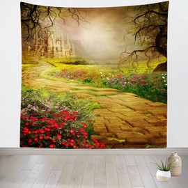 CORFOTO Fantasy Castle Tapestry Fairyland Fairy Tale Garden Wall Decor Mist Castle Flowers Rocks Path Scenery Wall Tapestry for Kids Girls Bedroom College Dorm Decor 60Wx60H inches Fabric