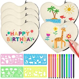 SIMSPEAR Pack of 6 Pencil Cases for Painting, Craft Children's Birthday with 12 Colouring Pencils, 4 DIY Painting Stencils, Fabric Bag for Painting for Crafts, Birthday Party, Pencil Case, Storage,