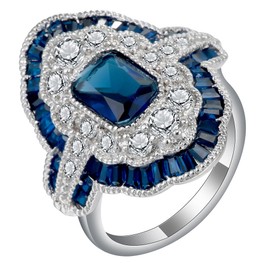 Ganquya Vintage Turkish Style Peacock Blue Gemstone Ring Jewelry Gift for Women, Court Style Emerald cut Blue & White Cubic Zirconia Wedding Ring Jewelry Size 6-10 (6)