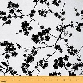 Cherry Blossom Fabric by The Yard, Japanese Style Upholstery Fabric for Chairs Sofa, Sakura Floral Themed Waterproof Fabric, Abstract Flower Material by The Yard, Black White, 1 Yard