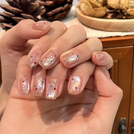 BFY Cat's Eye Press on Nails Short Nude Coffin Fake Nails, Pink Green Pots Holographic Acrylic Nails Kits, Salon Quality Glossy Gel Manicure Stick Glue on Nails Full Cover False Nail Tips 24Pcs