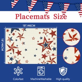 Bloss 4th of July Patriotic Stars Placemats Set of 6 Table Mats 12x18 Inch -Memorial Day Independence Day Fourth of July Placemats Washable Seasonal Dining Cloth Placemats for Holiday Kitchen Dining