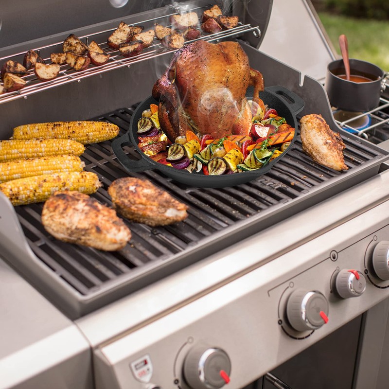 Onlyfire Universal Cast Iron Chicken Roaster, Pre-Seasoned Poultry Roaster Beer