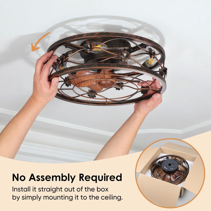 ropelux Caged Ceiling Fan with Lights, Rustic Farmhouse Low Profile