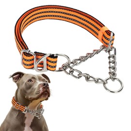 Martingale Collar for Large Dogs, Orange Reflective Nylon Dog Chain Collar Escape Proof Heavy Duty Dog Collar with Stainless Steel Chain Adjustable for Medium Large Dogs