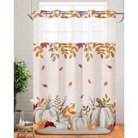 No Hook Thanksgiving Shower Curtain with Snap in Liner Set,Autumn Harvest Watercolor Pumpkin Double Layers Shower Curtains with See Through Top Window Fall Maple Leaves on Linen Bath Curtain,60Wx72L