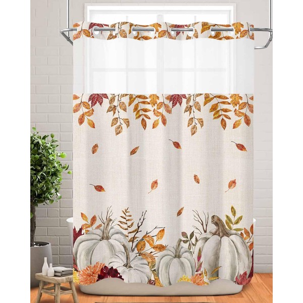 No Hook Thanksgiving Shower Curtain with Snap in Liner Set,Autumn
