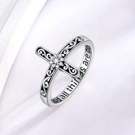 VNRIOW Diamond Cross Ring for Women Sterling Silver with God All Things are Possible Vintage Filigree Christian Ring with 0.06cttw Lab Grown Diamond, Size 9