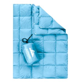 zzlamb Water-Repellent Camping Blanket for Kids, Outdoor Portable Travel Down Throw Blanket, Lightweight Duck Down Lap Quilt for Couch Airplane Car Backpacking RV Beach, 650 Fill Power 39x55in Blue