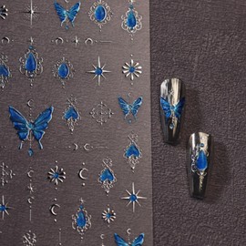 5D Embossed Butterfly Nail Stickers Silver Blue Butterfly Nail Decals 3D Self-Adhesive Glitter Moon Nail Art Supplies Spring Summer Nails Decoration Accessories for Women Girls Manicure 1 Sheet