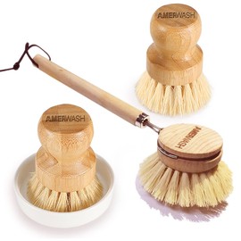Wooden Dish Brush Set Clean Pots, Pans and Vegetable, Natural Bristles Bamboo Scrub Brushes with Ceramic Dish - 1 Long Handle Dish Brush + 2 Palm Scrubbing Brush