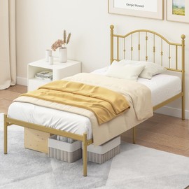 Elephance 12” Twin Size Metal Platform Bed Frame with Creative Headboard for Youths, Boys, Girls Bedroom, Golden Finish