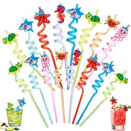 16 cannucce per bambini, motivo animali marini, in plastica, colorate, per latte, succhi, cocktail, decorazioni per feste di compleanno per bambini, animali marini