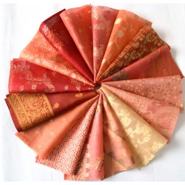 16 Pieces Orange Recycled Vintage Silk Sari Remnants Craft Fabric Card Making Collage Mixed Media Textile Art Sewing Junk Journals