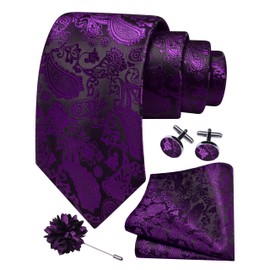 Gusleson Mens Paisley Tie for Wedding Silk Purple Necktie Pocket Square Cufflinks and Lapel Pin Brooch Set (UK6105-30)