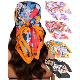 CHLINS 4 PCS 27.5 Inches Satin Head Scarf Silk Scarf for Women Lightweight Hair Bandanas Head Scarves Neck Scarf Hair Wrap (Black+Orange+Purple+Pink)