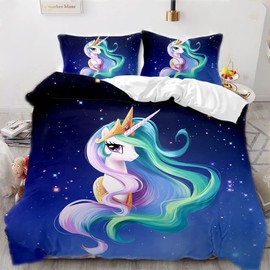 Pink Unicorn Duvet Cover, Cute Unicorn Eyelashes Girls Children's Bed Linen 135 x 200 cm, Unicorn Motif Bed Linen with 2 Pillowcases (135 x 200 cm, Blue)