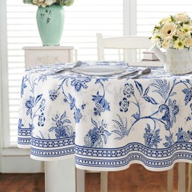 Blue Floral Oval Tablecloth 60x84 Inch, Blue and White French Country Tablecloth, Rustic Floral Polyester Waterproof Tablecloth for Farmhouse Kitchen Decor/Indoor and Outdoor Tables/Parties/Picnics