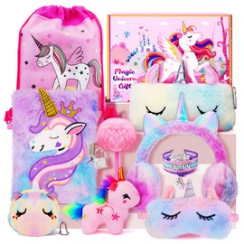 homicozy Unicorn Gifts for Girls, Birthday Gift Box Set for Girls Age 4 5 6 7 8 9 10, Unicorn Basket with Tie-dye Diary,Fluffy Pen &Pencil Case,Earmuff,Eye Mask,Ideas Gift Toys for Girl Age 4+
