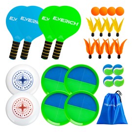 EVERICH Upgraded Toss Catch Paddle Ball Game Set Flying Disc, Outdoor Racket Games for Kids Adults, Beach Pool Sand Lawn Toys Includes 8 Paddles 8 Balls 8 Birdies, Birthday Easter Gift for Boys Girls