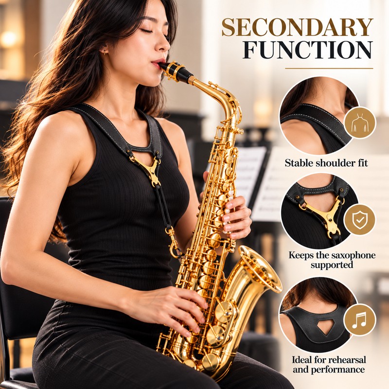 Adjustable Saxophone Shoulder Harness, Breathable Leather Contoured Sax Strap for