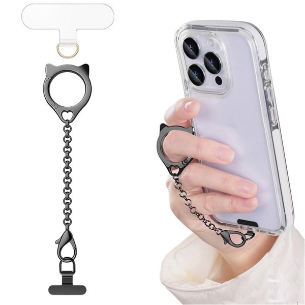 Metal Cat Head Phone Finger Grip Ring Chain Lanyard Keychain