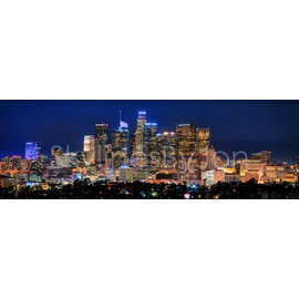 PHOTOSBYJON Canvas Los Angeles Skyline 2019 Night 16 inches x 46 inches Color LA City Downtown Photographic Panorama Print Photo Picture
