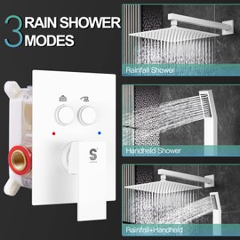 SR SUN RISE Shower System with Push Button Diverter, Luxury 10 Inch Rain Shower Head with Handheld Spray, High Pressure Shower Faucet Combo Set with Rough-in Valve, White