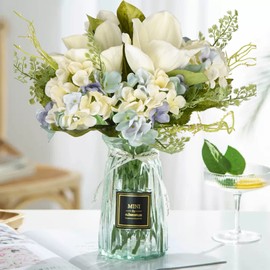 ALLHANA White Peony Flowers, Artificial Fake Silk Flower Bouquet, Magnolia Leaves Hydrangea Flowers Picks Arrangement for Farmhouse Home Office Kitchen Dining Table Centerpieces Décor(6 Stems, Blue)