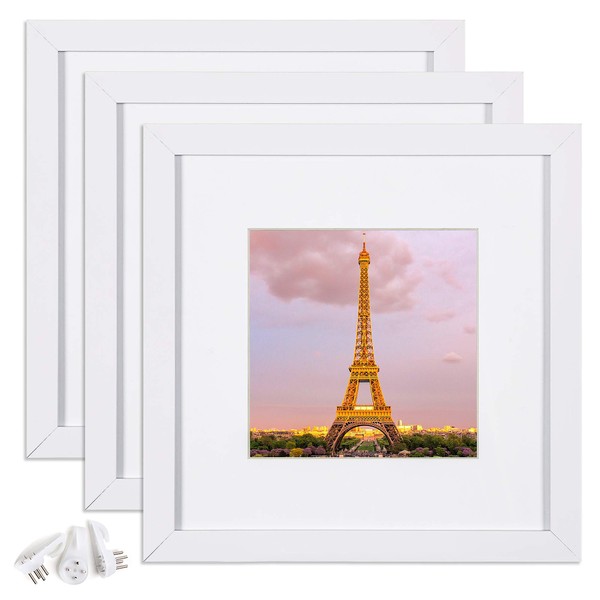 upsimples 12x12 Picture Frame Made of High Definition Glass, Display Pictures 8x8 with Mat or 12x12 Without Mat, Gallery Wall Frame Set, White