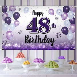 LASKYER Happy 48th Birthday Purple Large Banner - Cheers to 48 Years Old Birthday Home Wall Photoprop Backdrop,48th Birthday Party Decorations.