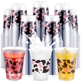 SiliFine 100 Pcs Pink Cow Plastic Cups 12 oz Clear Drinking Cups Pink Cow Themed Disposable Cups for Cow Party Supplies Decorations Birthday Baby Shower Camping Barbecues Events Picnics