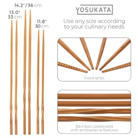 YOSUKATA Reusable Natural Wooden Long Cooking Chopsticks Set of 3 pairs: 11.8 inch, 13-inch, 14.2 inch Brown Long Wok Wooden Chopsticks Reusable