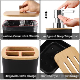 XLHOMO Bathroom Sets with Shower Curtain and Rugs, 27PCS Black Bathroom Set with Bathroom Trash Can, 3PCS Lotion Soap Dispens and Stickers