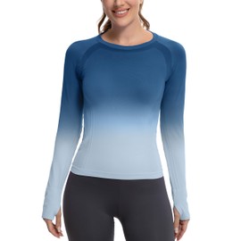 MathCat Long Sleeve Workout Tops for Women, Gradient Running Athletic Shirts, Seamless Breathable Tops with Thumb Holes