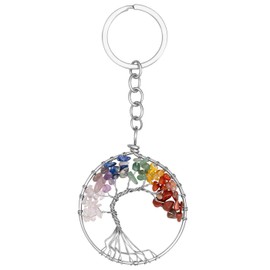 Sahoottie Tree of Life Crystal Keyring for Women 7 Chakra Crystal Gifts for Women Healing Crystals Round Keyring Tumbled Gemstones Best Friend Silver Keychain