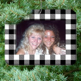 Mini Picture Ornaments for Christmas Tree - Classic Black and White Buffalo Plaid Photo Ornament -Magnetic Easy-Load Photo Design with Hooks - Set of 6 DIY Ornaments - Horizontal