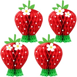 Amyhill 4 Pcs Strawberry Party Decorations Large Strawberry Honeycomb Centerpieces 3D Berry First Table Decor 7.87 Inches Fruits Paper Honeycomb Decorations for Birthday Summer Baby Shower Party Favor