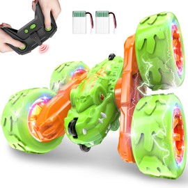 SpringFlower Remote Control Car Toy for Boys 3 4 5 6 7 8 Years Olds, Rechargeable Dinosaur RC Cars,360° Flip Double Sided RC Stunt Cars with Led Light,Dinosaur Toys for Kids Birthday Xmas Gifts,Green
