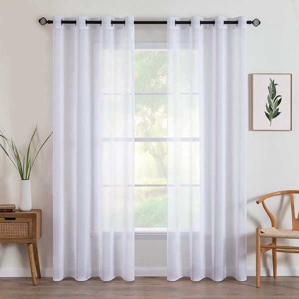 MIULEE Set of 2 Sheer Voile Curtains with Eyelets, Transparent Polyester Curtain for Living Room, Bedroom, 140 x 235 cm (W x H), White