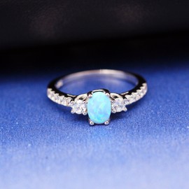 Uloveido 925 Sterling Silver Oval Cut Created Blue Fire Opal Ring with Cubic Zirconia (J1/2(49.3mm))
