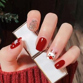 Christmas Press on Nails Short Square, Christmas Elk Snowflake Red Nose Design Fake Nails Glossy Nude Coffin Nails Tips Full Cover False Nails Winter Xmas Glue on Nails for Women and Girls 24Pcs