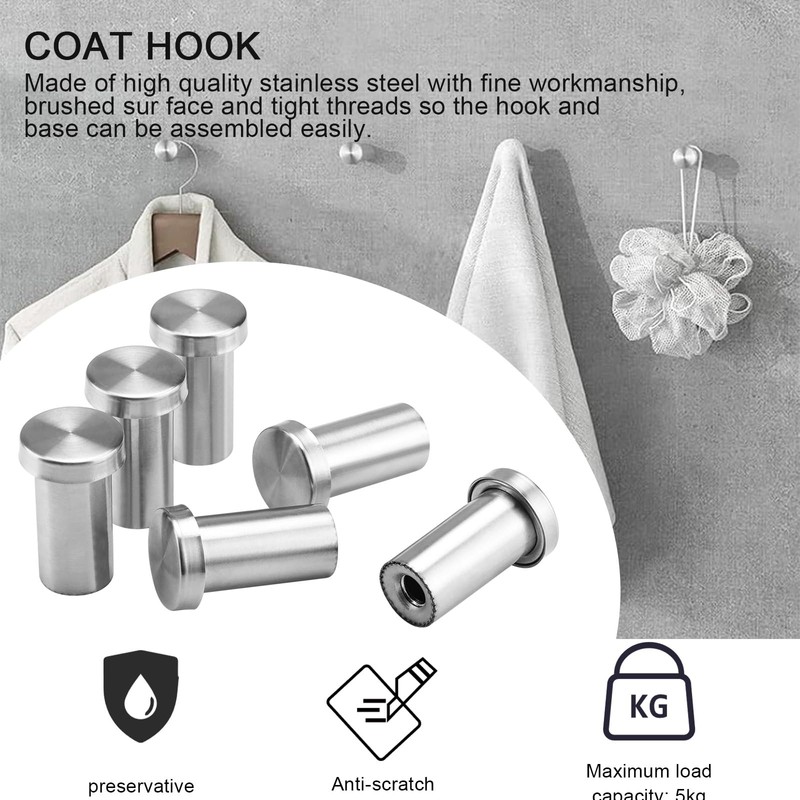 PARFCO Stainless Steel Hooks, Pack of 6 Bathroom Hooks, Wall