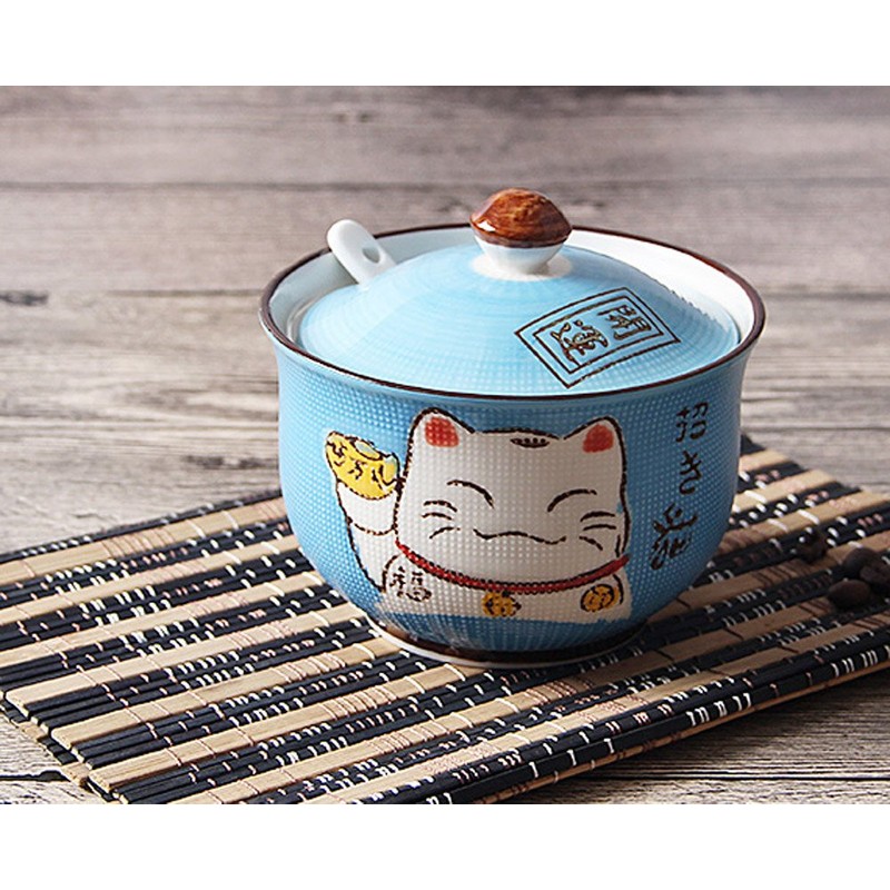 Ceramics Japanese Maneki Neko Lucky Cat Sugar Salt Pepper Storage