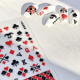 Poker Nail Art Stickers 5D Poker Nail Decals Embossed Poker Pattern Nail Stickers Heart Joker Playing Cards Nail Art Design Stickers Supplies Cute Nail Accessories for Women DIY Manicure Decoration