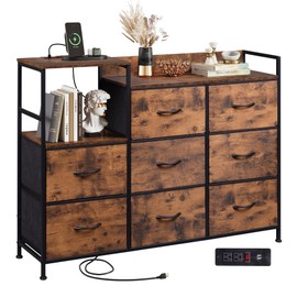 WLIVE Dresser TV Stand for Bedroom with Charging Station, Wide Storage Chest of Drawers with 8 Large Fabric Drawers and Open Shelves, Storage Organizer Unit for Closet, Living Room, Rustic Brown