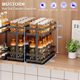 Mustorn Pull Out Spice Rack Organizer for Cabinet, 2 Tier Metal Slide Out Seasoning Organizer and Storage Heavy Duty Vertical Spice Rack Shelf Pullout for Kitchen Cabinets No Drilling(1 Pack, Black)